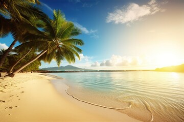 Tropical beach background summer landscape on the beach and white sand calm sea for beach template. Amazing concept of vacation and summer vacation on the beach. Luxury travel. Generative ai