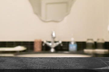 Empty black marble table top with blur bathroom background