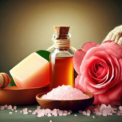 Obraz na płótnie Canvas Spa beauty items on a table, massage stones, essential oils, salt, generative ai