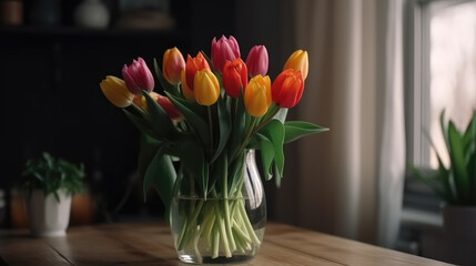 Fototapeta na wymiar Bunch of tulips with different colors in a vase on a table. Generative AI.