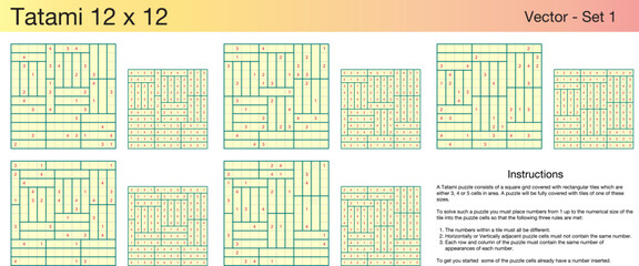 5 Tatami 12 x 12 Puzzles. A set of scalable puzzles for kids and adults, which are ready for web use or to be compiled into a standard or large print activity book.