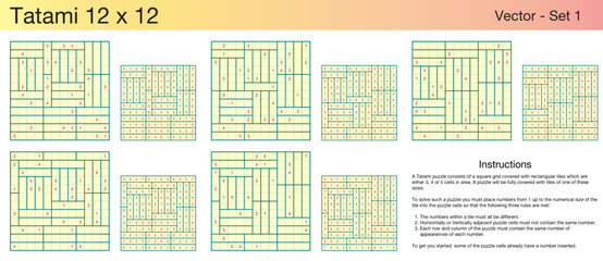 5 Tatami 12 x 12 Puzzles. A set of scalable puzzles for kids and adults, which are ready for web use or to be compiled into a standard or large print activity book.