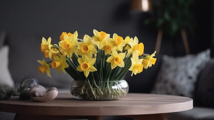 Vase full of yellow blooming daffodils standing in a vase. Generative AI.