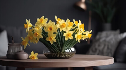 Vase full of yellow blooming daffilds in spring. Generative AI.