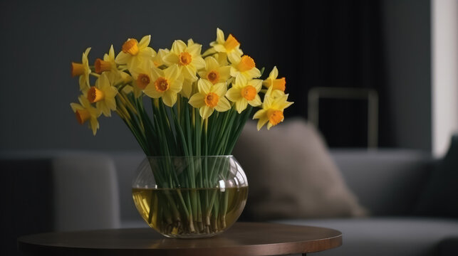 Some yellow blooming daffodils on a vase on a wooden table. Generative AI.