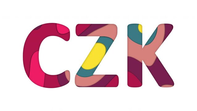 Multi-colored inscription ISO code currency CZK with colored spots floating inside. Looped from frame 120 to 839, Alpha BW at the end