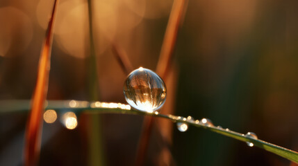 Single waterdrop from the dew on top of a grall leaf in a meadow in the warm orange light of the rising sun. Generative AI.