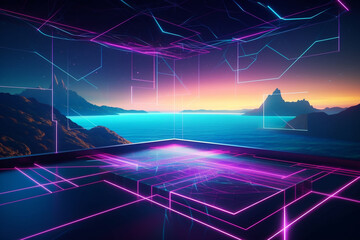 the surreal world of virtual reality with this abstract violet background featuring a cyber space landscape with unreal mountains. The design showcases a neon wireframe terrain that captures the essen