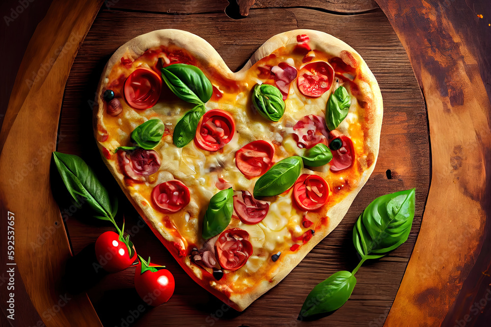 Poster heart shape pizza on plain background created with. generative ai