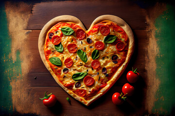 Pizza in shape of a heart on wooden table, front view. Generative Ai