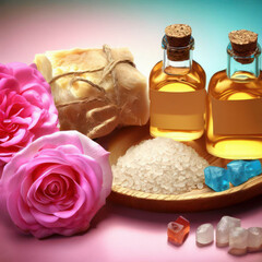 Obraz na płótnie Canvas Spa beauty items on a table, massage stones, essential oils, salt, generative ai