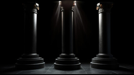 Podium with three big pedestals and spotlights in front of a dark black background. Generative AI.