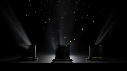 Three pedestals with spotlights on it in front of a dark black background. Generative AI.