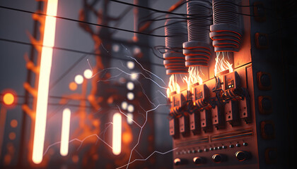 Power generator at industrial area on fire from overheating - Generative AI