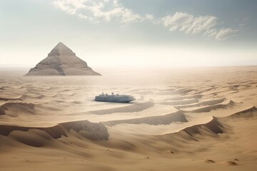 Fototapeta na wymiar bizarre optical illusion of a ship sailing through the desert with mirage in the background, created with generative ai