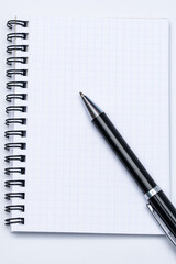 Długopis leżący na notatniku z kartkami w kratkę 