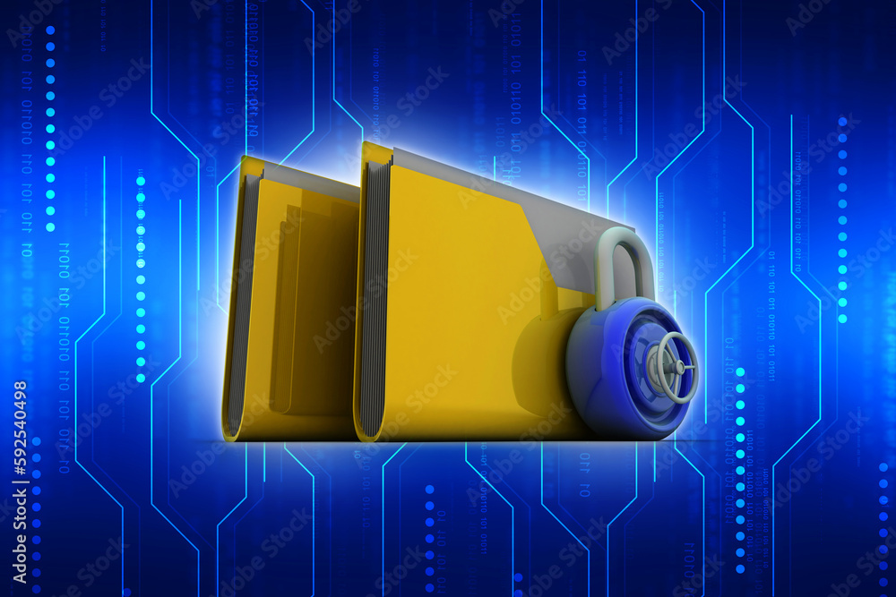 Poster 3d rendering yellow folder and lock. data security concept