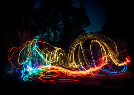 Creative Light Painting: Colorful Long Exposure Trails of Neon Artistry Curves