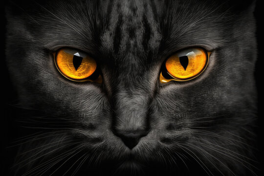 portrait of a black cat with yellow eyes. isolated on black background. Generative AI