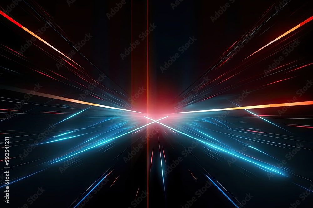 Poster futuristic glowing rays in multicolored colors isolated on black background. generative ai