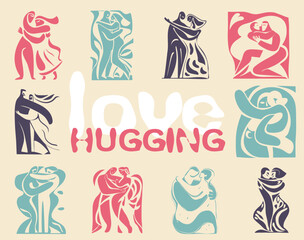 Set of matisse style illustrations with lovers hugging in flat design

