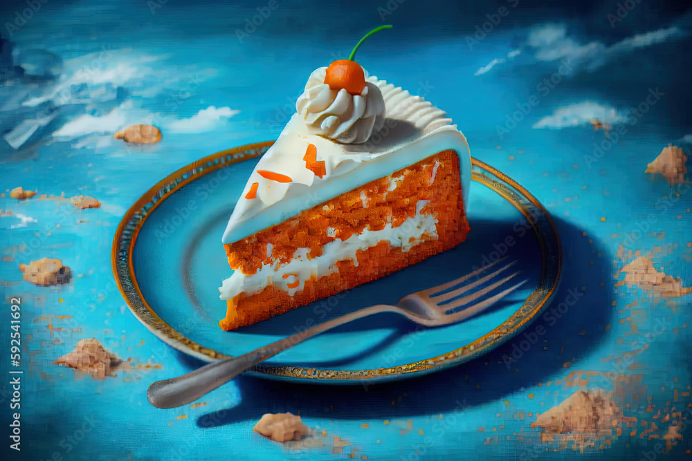 Poster a slice of carrot cake topped with cream cheese frosting and chopped walnuts. generative ai