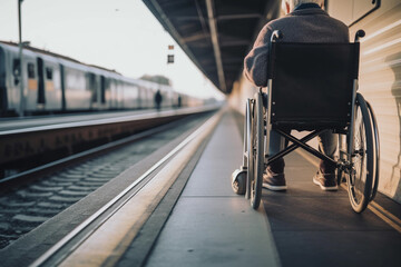 A man in a wheelchair sits on a platform at a train station. AI generation - obrazy, fototapety, plakaty