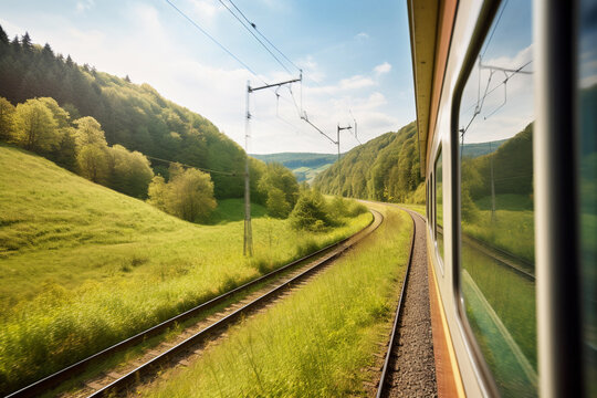 Train tracks through a landscape with a green field and trees in the background. AI generation