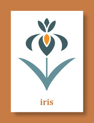 Abstract symbol of iris flower. Simple minimal style of iris petals and branch with leaves. Vector illustration.