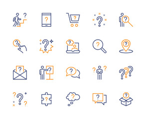 Questions and problem, vector linear colored icons set. Inquiry and reason. Isolated collection of question icon for websites. Editable Stroke.