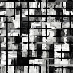 Black and white abstract mosaic, composed of dynamic, irregular blocks that together create a harmonious and bold pattern