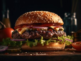 A Deliciously Juicy Burger with Perfect Lighting in Close-up Form.