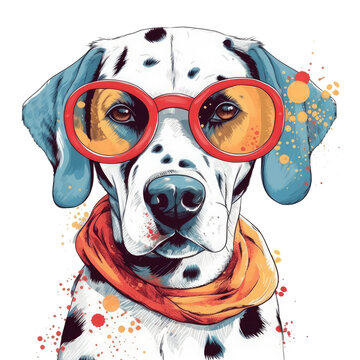 Dalmatian T-shirt Vector Illustration, Cute happy dog, wearing sunglasses, Printable design for wall art, mugs, cases, etc.