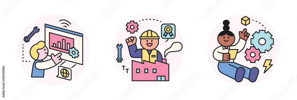 Aufkleber labor day. people who are working. office workers analyzing data, factory workers and characters tur