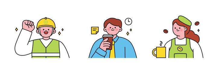 Labor Day. people who are working. A character in a uniform. Engineers, business people, cafe staff.