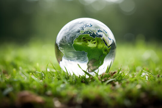 Earth day. World environment day. Glass model Planet earth in green grass on a nature background. Environmental concept. Generative ai illustration