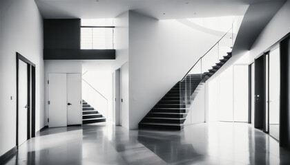 Fototapeta premium A black and white foyer in a new building with grand glass stairs. Modern design. Generative AI.