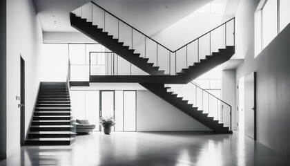 Obraz premium A black and white foyer in a new building with grand glass stairs. Modern design. Generative AI.