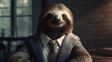 portrait of a sloth in a suit and tie, in light modern office space. Generative AI Art Illustration
