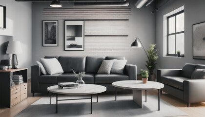 Fototapeta na wymiar A modern architecture. A living room with a large sofa and modern furniture in shades of gray. Generative AI