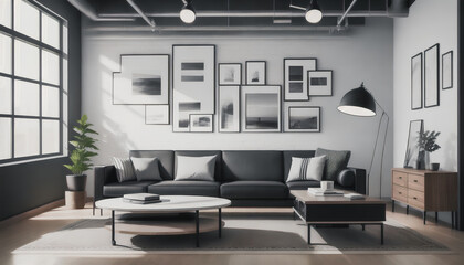 Fototapeta na wymiar A modern architecture. A living room with a large sofa and modern furniture in shades of gray. Generative AI