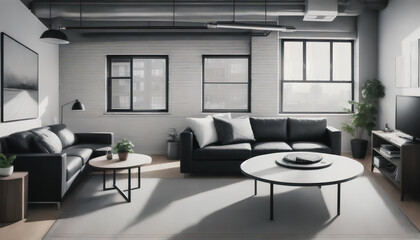 A modern architecture. A living room with a large sofa and modern furniture in shades of gray. Generative AI