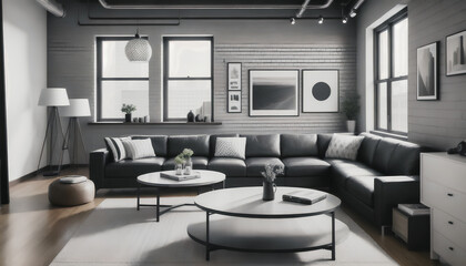 A modern architecture. A living room with a large sofa and modern furniture in shades of gray. Generative AI