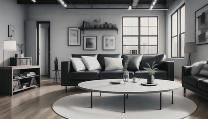 A modern architecture. A living room with a large sofa and modern furniture in shades of gray. Generative AI