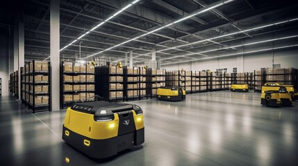 Revolutionary Smart Warehouse with AGVs (Automated Guided Vehicles) Enhancing Efficiency and Productivity in Logistics and Transportat7ion - High-Quality Stock Image for Future-Focused Businesses