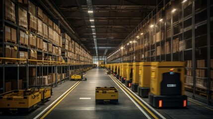 Fototapeta premium Revolutionary Smart Warehouse with AGVs (Automated Guided Vehicles) Enhancing Efficiency and Productivity in Logistics and Transportat7ion - High-Quality Stock Image for Future-Focused Businesses