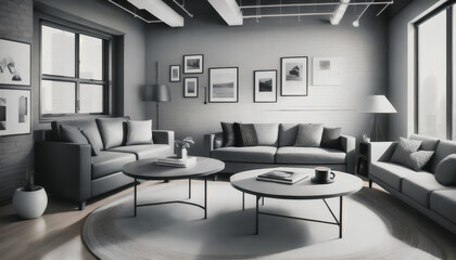 A modern architecture. A living room with a large sofa and modern furniture in shades of gray. Generative AI