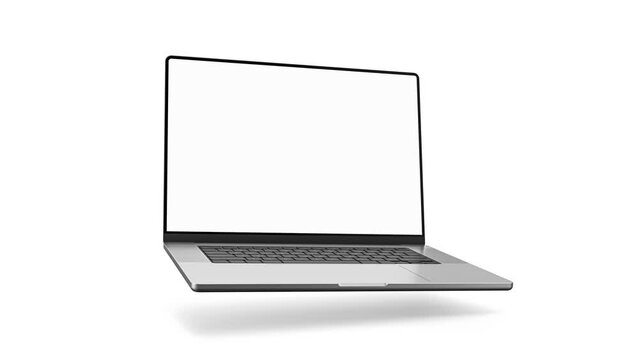 The laptop smoothly rotates towards the camera, revealing its screen and switching it on. The video features a luma matte or cut out mask for the screen and laptop, a shadow layer, and tracking marks