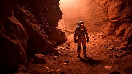 Exploring the Red Planet: Lone Astronaut on Mars. Mars colonization concept. Generative AI