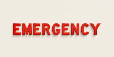 Emergency. Banner, sign in red capital letters and the word emergency. First care, hospital, a helping hand, first aid, incident, accident, disaster and urgency.